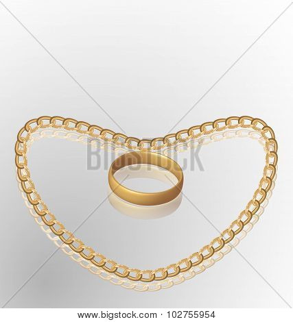 Jewelry ring on golden chain of heart shape