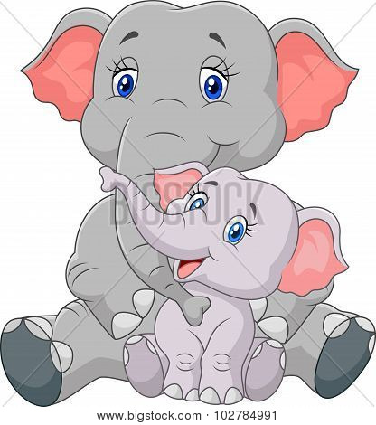 Cartoon mother and baby elephant sitting isolated on white background