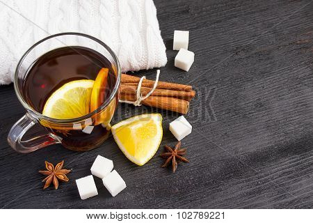 Cup Of Tea With Lemon, Cinnamon, Knitted Rug.