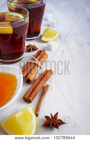 Tea With Lemon, Cinnamon, Honey With Space For Text