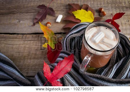 A cup of cocoa with marshmallows, wrapped soft scarf and autumn