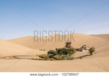 Dunhuang,Gansu, China - October 11, 2014: Temple is in the desert at Dunhuang City, Gansu Province , China. This place is a part of silk road in the history.