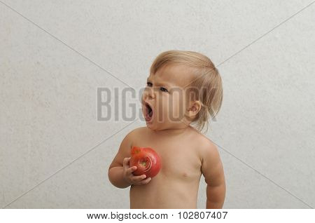 Baby Holding Tomato And Screaming