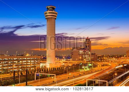 Haneda Airport control tower in Tokyo, Japan.