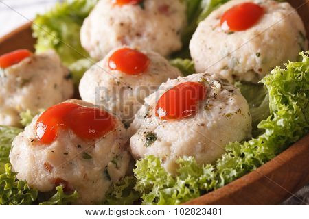 Italian Canederli With Tomato Sauce On A Plate Macro. Horizontal