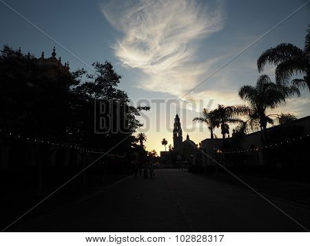 California Bell Tower in Balboa park San Diego in sunset