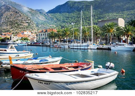 Risan, Montenegro - August 30, 2015: Small Boats In Moored Harbor.