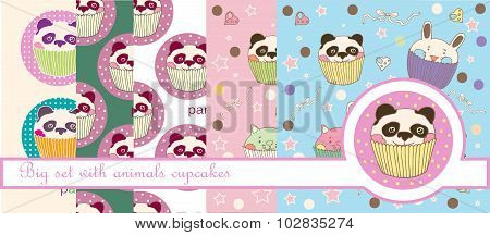 Big vector set with panda and animals cupcakes for food and scrapbooking design