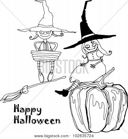 vector hand drawing funny characters and pumpkins for Halloween design