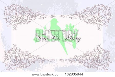 vector hand drawing invitation card with laces and bird for wedding and scrapbooking design