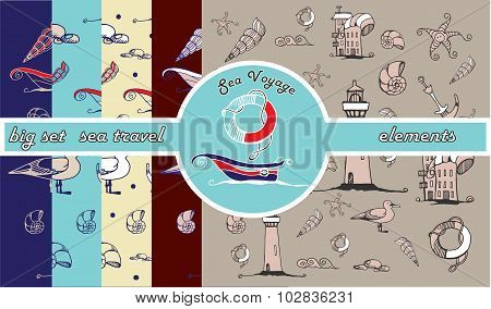 Big vector hand drawing set of sea voyage elements for your design .