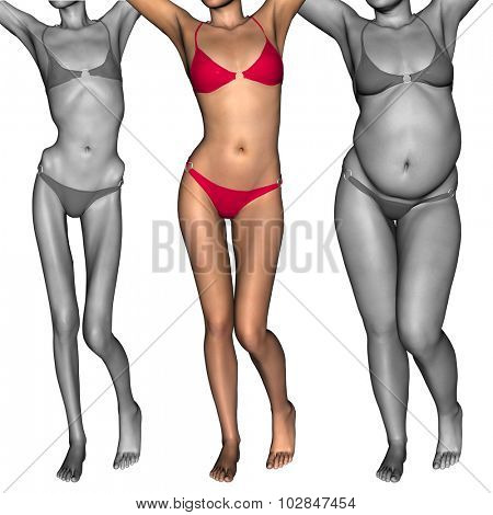 Concept or conceptual 3D woman or girl as fat, overweight vs fit healthy, skinny underweight anorexic female before and after diet