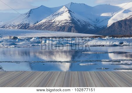 Opening wooden floor, Frozen lake in south of Iceland