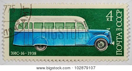 USSR - CIRCA 1975: A stamp printed in USSR shows ZIS-16 autobus, 1938, Development of Russian automo