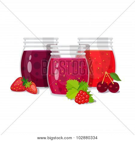 Three glass jars of jam with berries