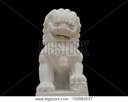 A Chinese Lion Statue In A Public Temple, Wat Pa Phu Kon,thailand Black Backgroung)