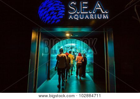 Resorts World Sentosa Singapore- August 10: People watching big aquarium in S.E.A Aquarium on August 10 2014.