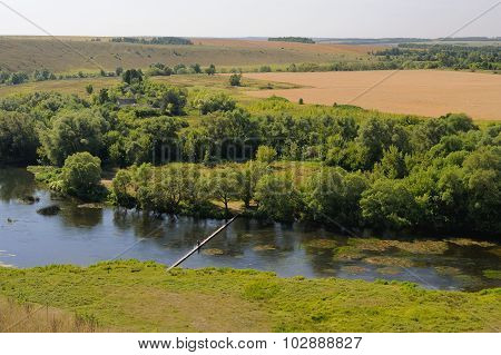 Zusha River With Green Trees, Green Meadow And Yellow Fields Seen From High Coast