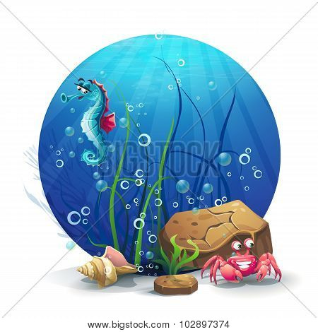 Illustration Of Underwater Rocks With Seahorse And Crab