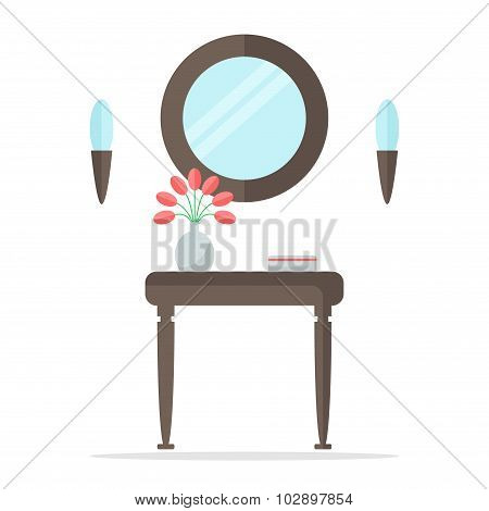Modern hall interior design with table, mirror and lamps. Wooden furniture.