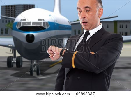 Handsome airline worker looking at his watch
