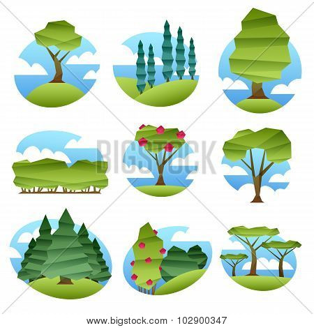 Abstract low poly style landscapes with trees set.