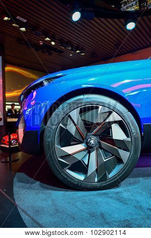 PARIS, FRANCE - AUGUST 09, 2015: Peugeot car details. Peugeot is a French cars brand, part of PSA Peugeot Citroen