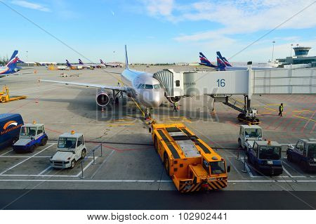 MOSCOW, RUSSIA - AUGUST 19, 2015: Aeroflot aircraft docked in Sheremetyevo airport. Aeroflot is the flag carrier and largest airline of the Russian Federation