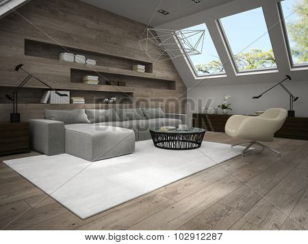 Interior of stylish mansard room 3D rendering 4 