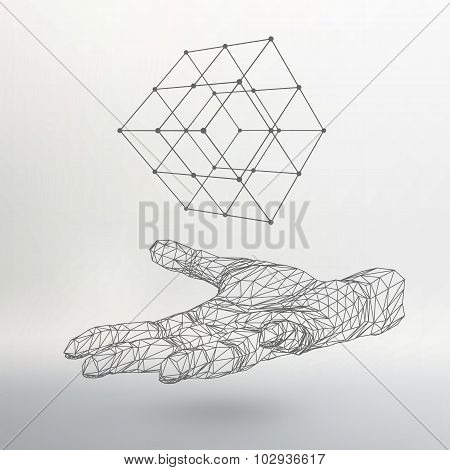 Cube of lines and dots on the arm. The hand holding cube of the lines connected to points. Molecular