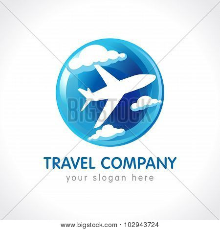 Travel company logo. World travel airplane abstract vector icon. Low cost airlines, tickets selling, tourist business. Flying plane, stained-glass globe, clouds, blue background.