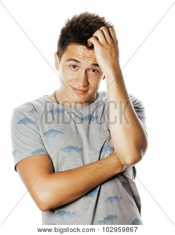 young attractive man isolated thinking emotional on white close up