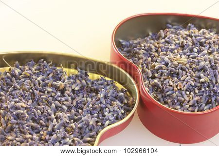 Fragrant lavender flowers gathered in a metal box