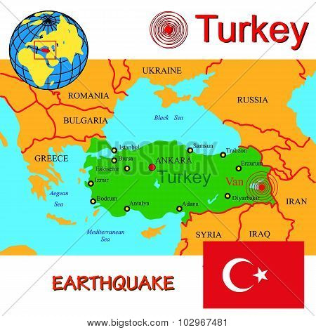 Turkey map with epicenter earthquake.