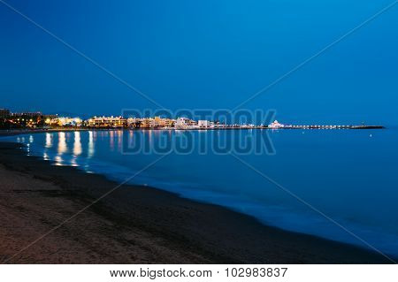 Night Scenery View Of Embankment, Seacoast, Beach In Benalmadena