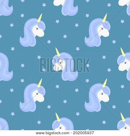 Seamless pattern with cute unicorn and stars. Beautiful unicorn head with blue mane and horn. Vector illustration.