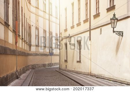 Background for European old towns. Prague street with old lamp.