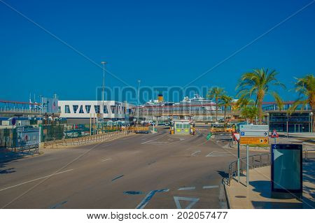 PALMA DE MALLORCA, SPAIN - AUGUST 18 2017: Harbor view with white yachts in Palma de Mallorca, Balearic islands, Spain.