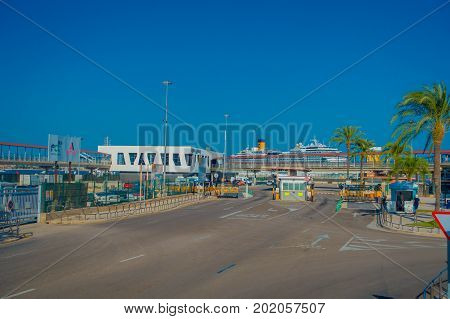 PALMA DE MALLORCA, SPAIN - AUGUST 18 2017: Harbor view with white yachts in Palma de Mallorca, Balearic islands, Spain.