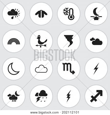 Set Of 16 Editable Air Icons. Includes Symbols Such As Drizzle, Archer, Breeze Direction And More