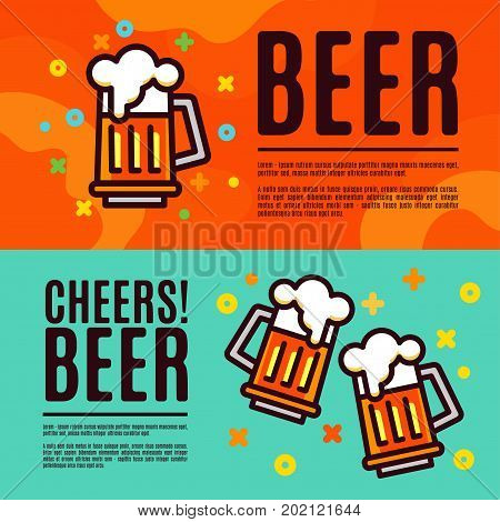 Beer in glass mug Thin style Set Banner, Flyer layout with text for printing, website Art poster with quote Cheers beer  For the traditional autumn festival Oktoberfest, pub bar menu