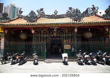 Ho Chi Minh City, Vietnam - March 26, 2017: Ha Chuong Hoi Quan Pagoda, a Fujian temple dedicated to the Goddess of Seafarers, in Cholon, the Chinatown area of Saigon