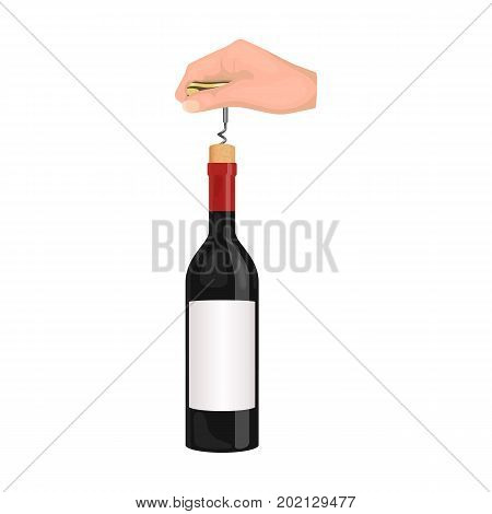 Opening the bottle with a corkscrew. Manipulation with a corkscrew single icon in cartoon style vector symbol stock illustration .
