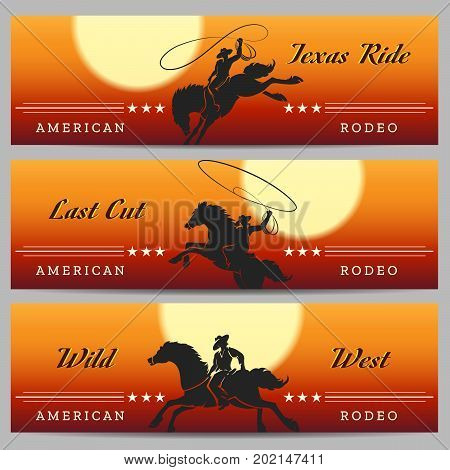 Cowboy Rodeo horizontal banners set with desert rodeo and rider silhouettes. Vector illustration