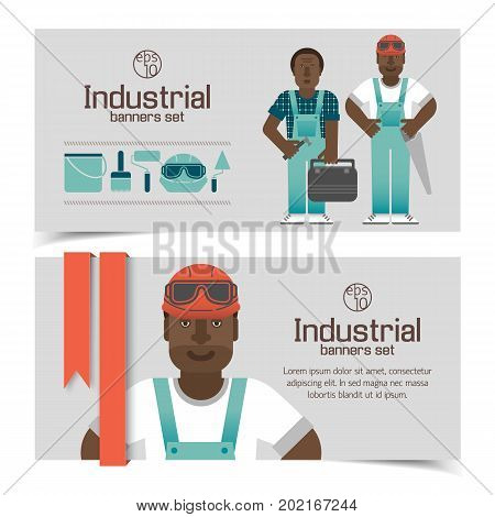 Industrial banners with african workmen and tools red ribbon on light background isolated vector illustration