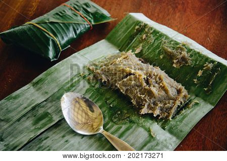 The durian paste package with banana leaf.