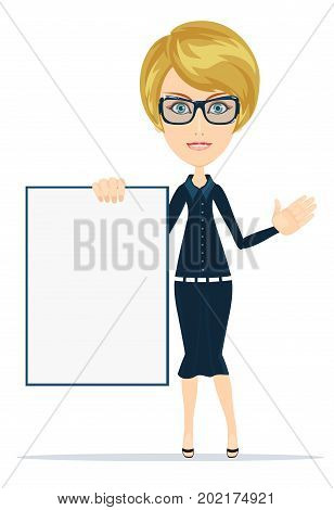 Portrait of the business woman with a represent folder. Full body of happy smiling young beautiful business female showing blank area for sign or copyspase, isolated over white background. flat vector