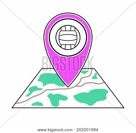 Textured pink geotag icon with volleyball symbol pointing at a map.GPS navigation.Mobile device smartphone app website vector illustration.Team sport game sign. Volleyball court location on a plan