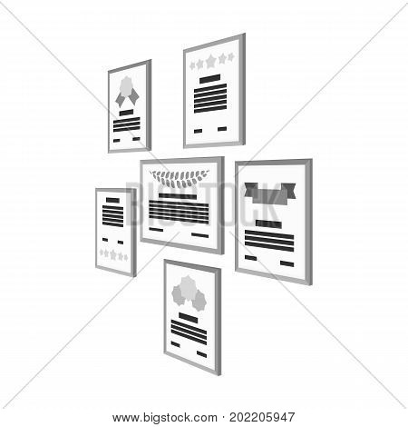 Certificate, diploma and license in a frame on the office wall. Office and interior single icon in monochrome style Isometric vector symbol stock illustration .