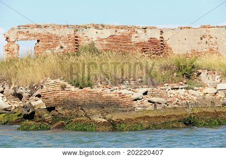 Ruin Of A Destroyed Old Brick Home In The Venetian Lagoon